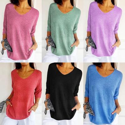 Maglione da donna a maglia slim a maniche 3/4 con scollo a V tinta unita