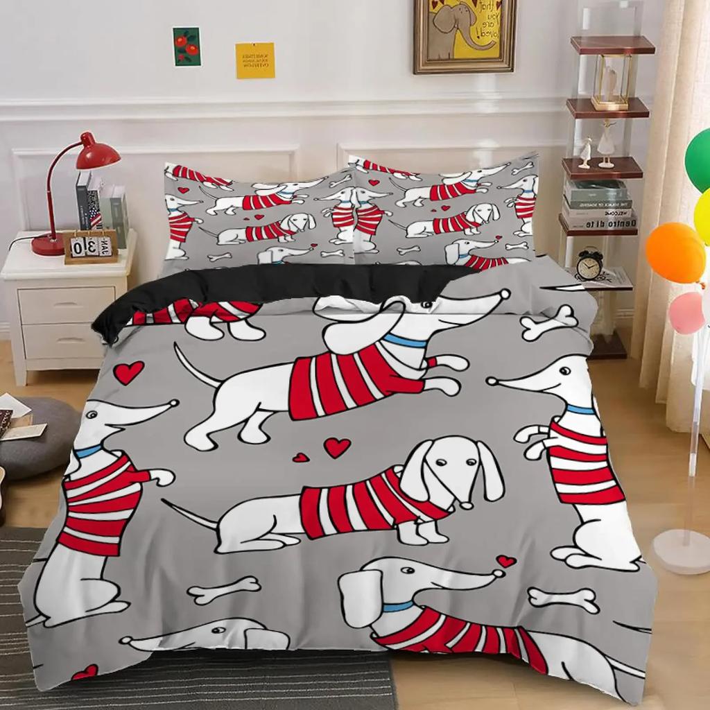 Dachshund Duvet Cover Set Cartoon Style Dachshunds King Size Bedding Set for Dog Lovers Boys Teens 2/3pcs Twin Comforter Cover