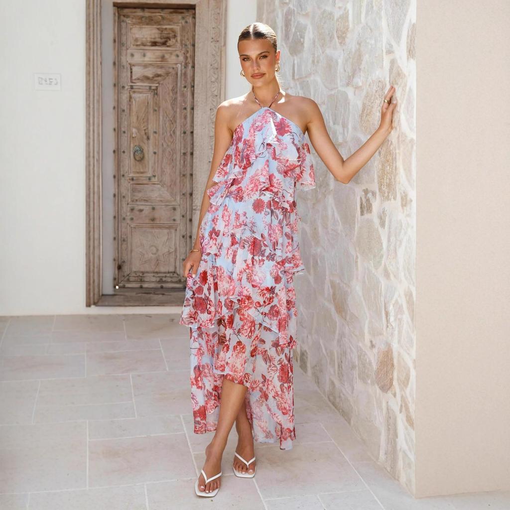 2026 New Off-Shoulder Women's Fashion Chiffon Printed Fairy Long Temperament Evening Dress Dress