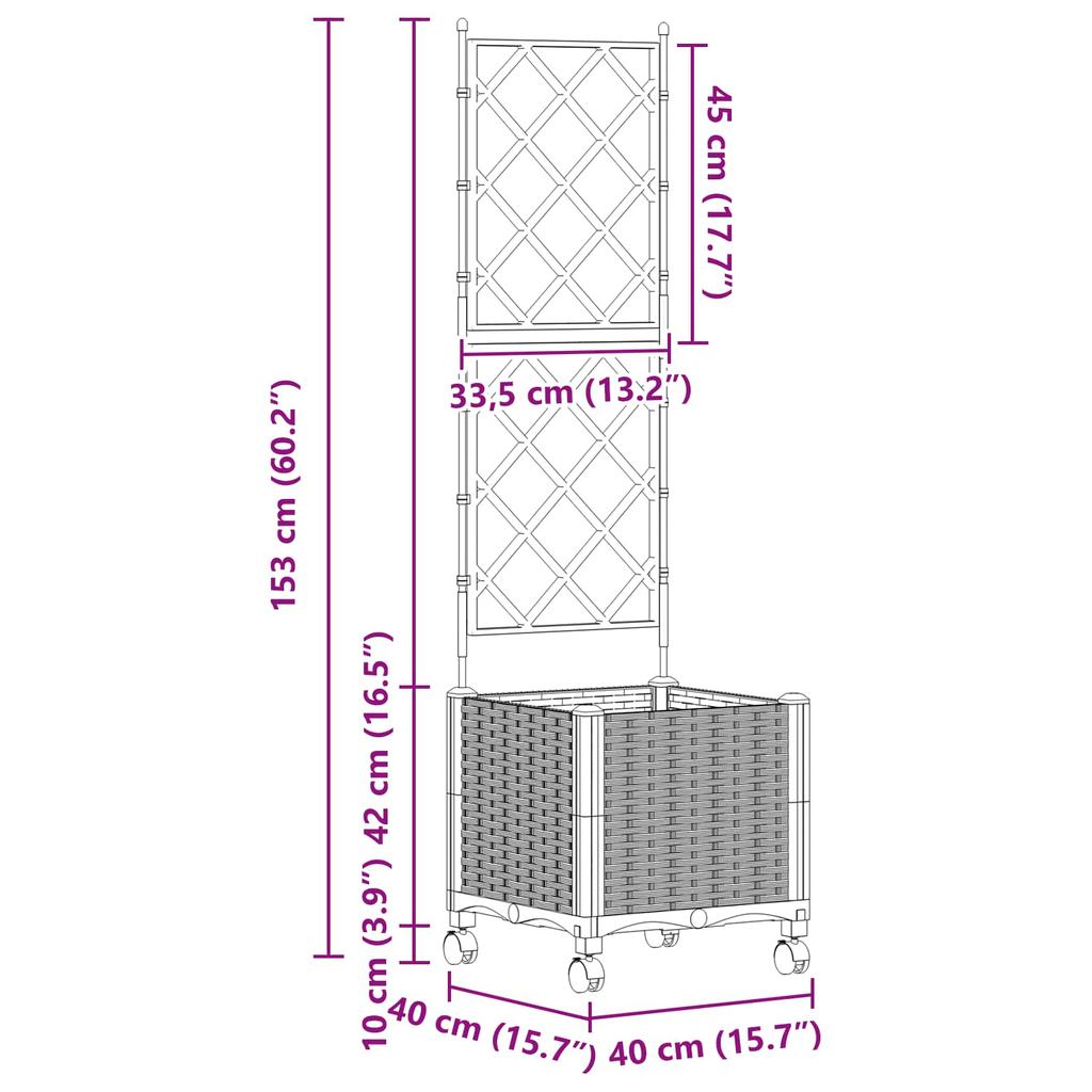 Planter with Trellis and Wheels Light Gray 40 X 40 X 149 Cm PP