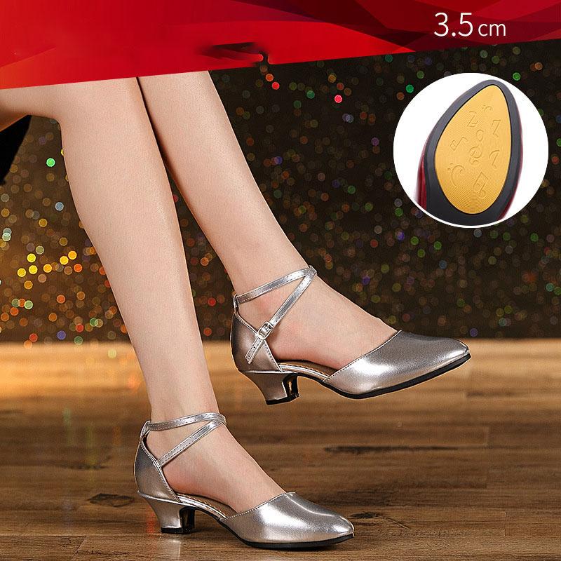 Women Glitter Leather Latin Dance Shoes Closed Toe Soft Sole Salsa Modern Shoe Tango Ballroom Dancing Shoes 3.5cm/5.5cm Heel