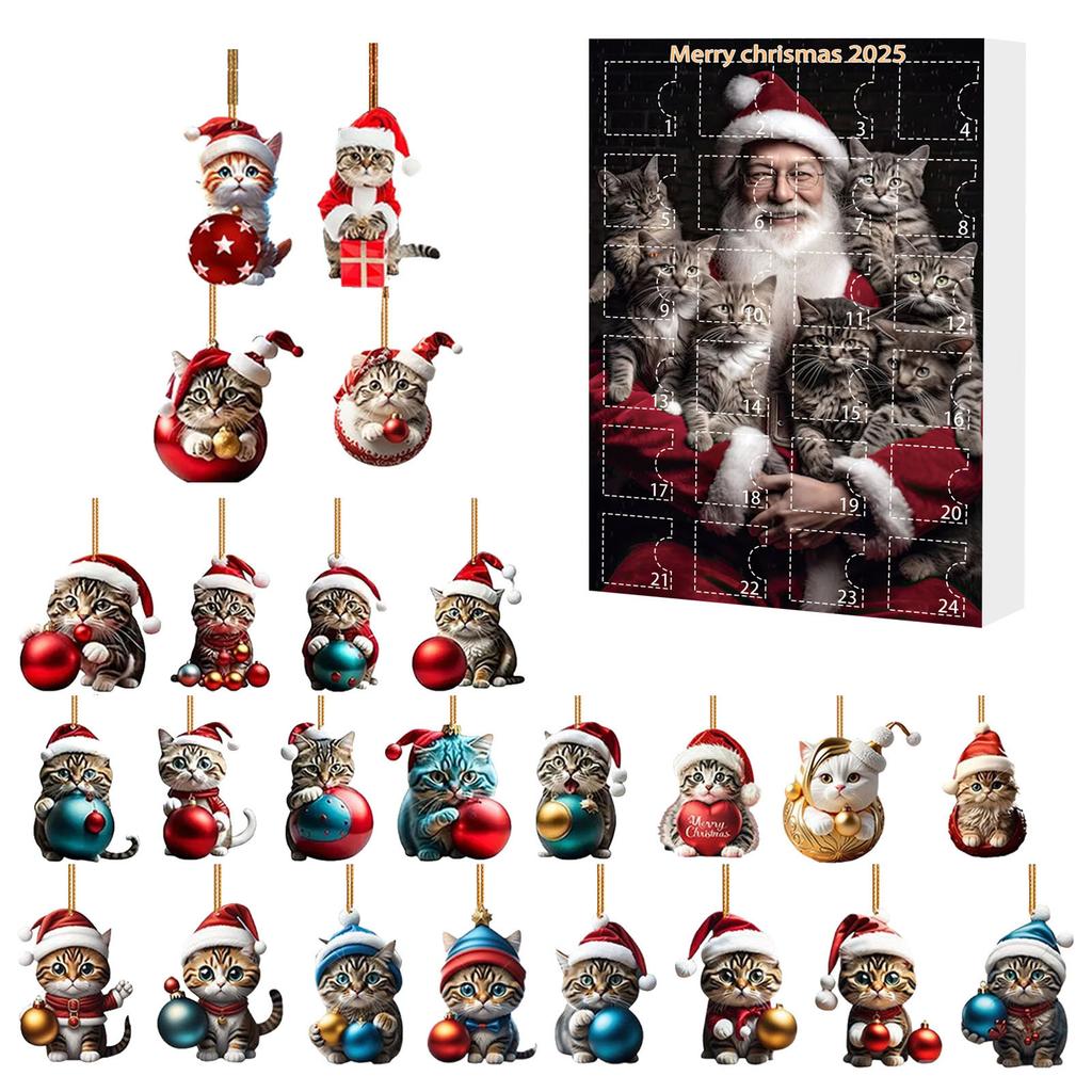 Christmas Tree Decorations with Santa Hats Kitten Countdown Calendar Acrylic Hanging Cat Ornaments for Kids Toddlers Xmas Gifts