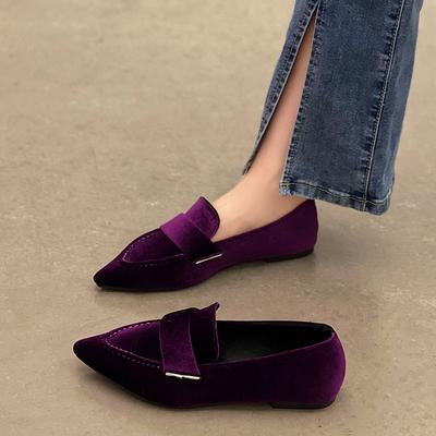 Women Luxury Velvet Moccasins Fashion Pointed Toe Loafers Ladies 2025 Spring New Purple Velour Ballet Flat Shoes