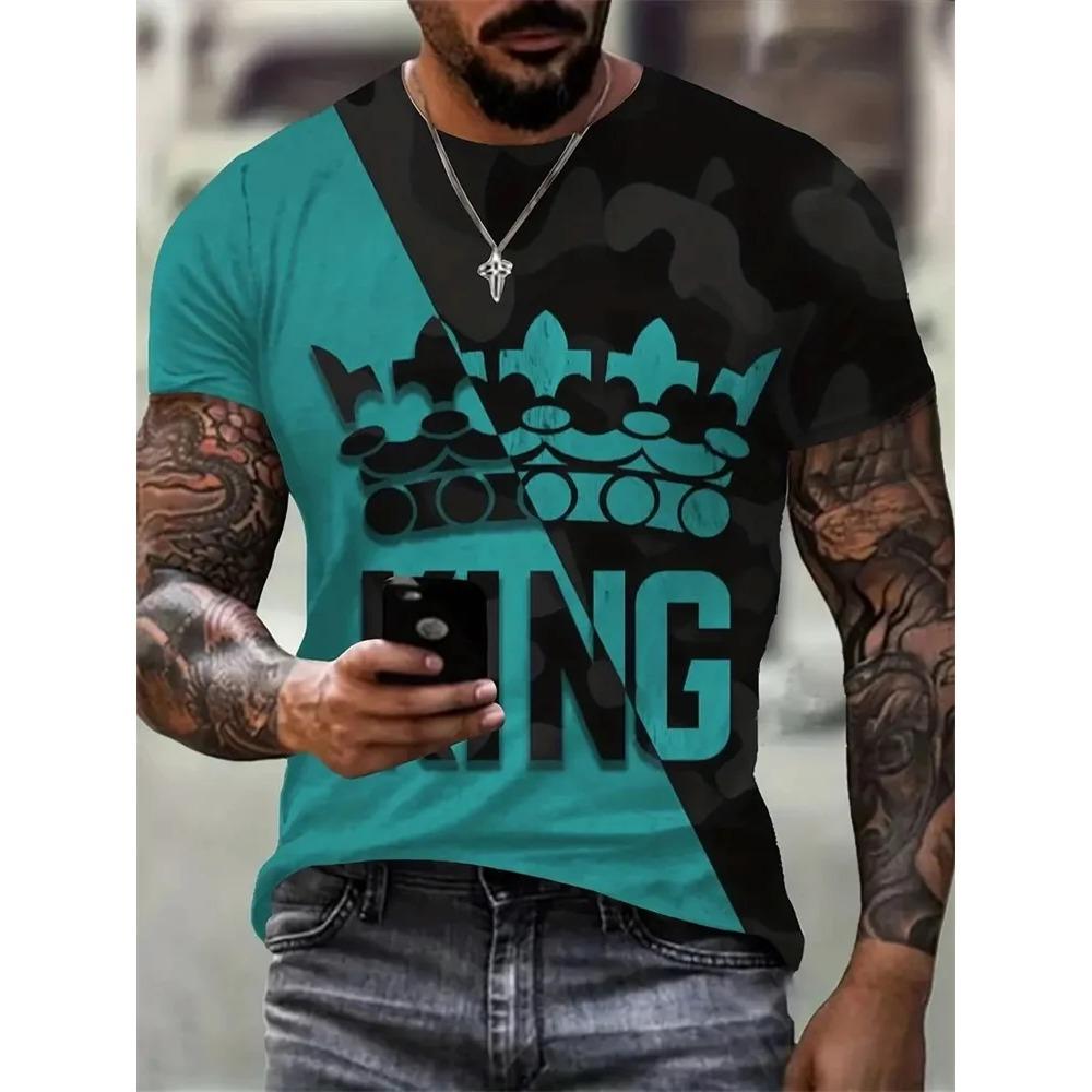 Spring and Autumn Round Neck 3D King Pattern Color Block Printed Top Fashionable Casual Long Sleeved Men's T-shirts