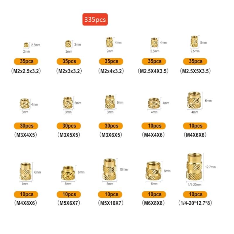 Pack of 335/360 Sturdy Brass Threaded Inserts M2toM6 Knurled Nut for Secure Fastening In Electronics and Plastics