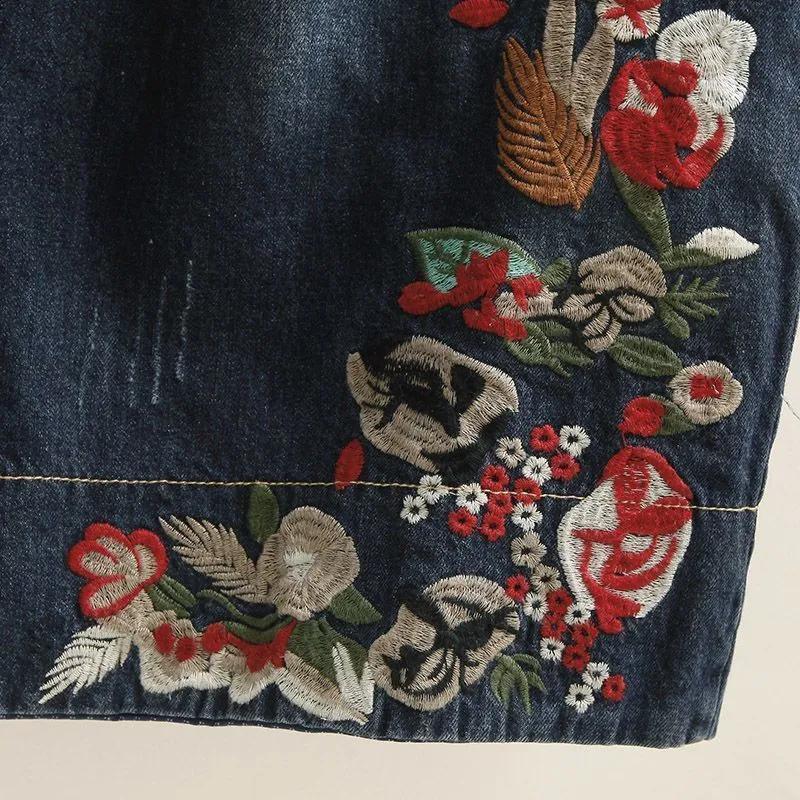 Female Spring and Autumn Embroidery Denim High Waist Loose Wide Leg Pants Calf-Length Pants for Women