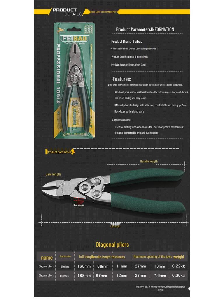 Labor-Saving Steel Wire Cutters: Multi-Functional, Angled, 6" & 8" Lineman's Pliers, Industrial Grade Electrician's Diagonal Cutting Pliers