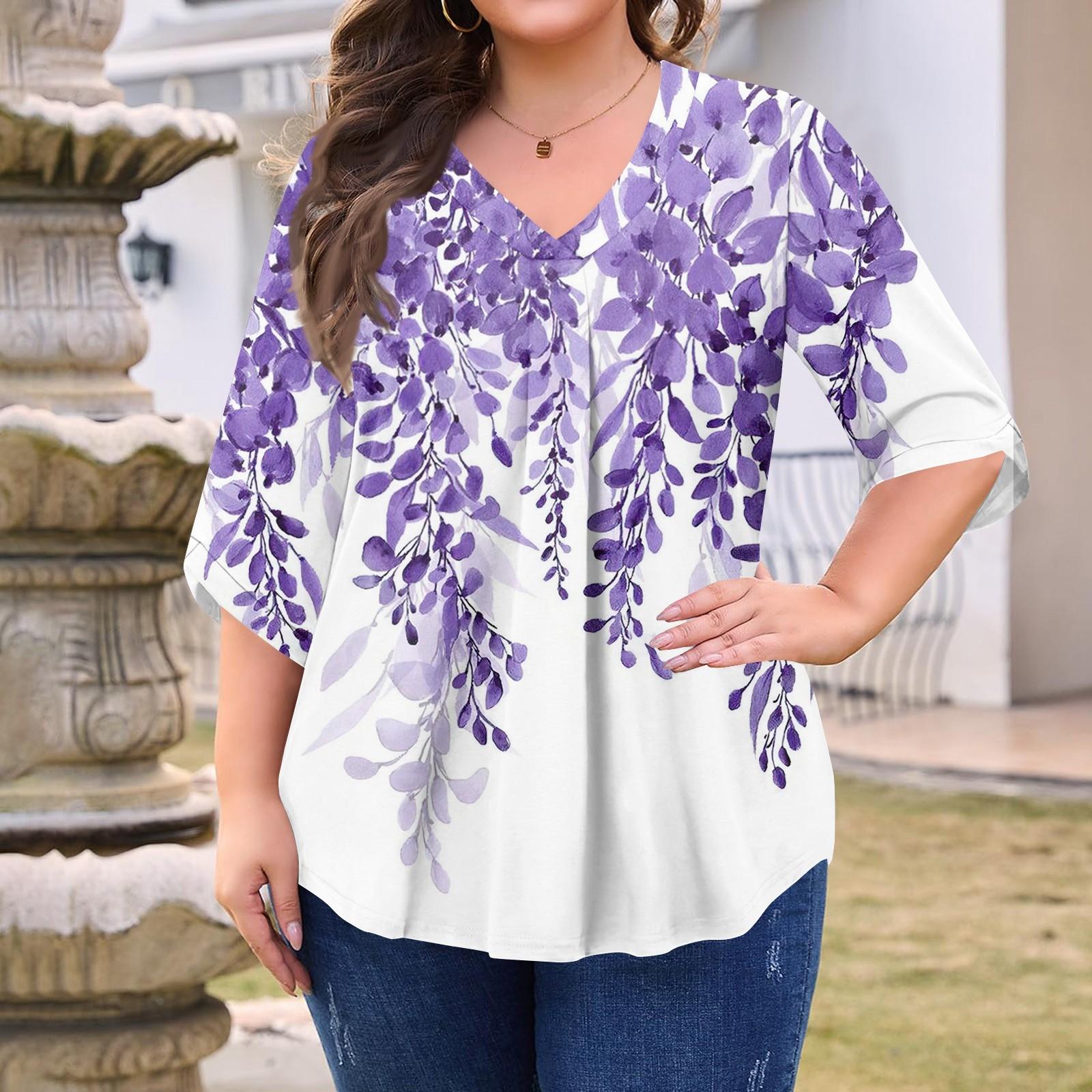 

Women s Fashion Large Size Printed V-Neck Three-quarter Sleeve Top S фіолетовий