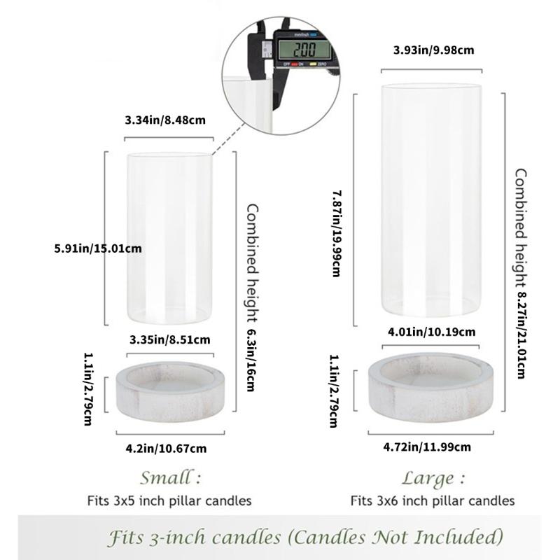 Set aus 2 klaren Glaszylinder-Vasen, winddichte Kerzenhalter mit Holzplatte für Blumenarrangements, Partytische und Wohnzimmerdekorationen