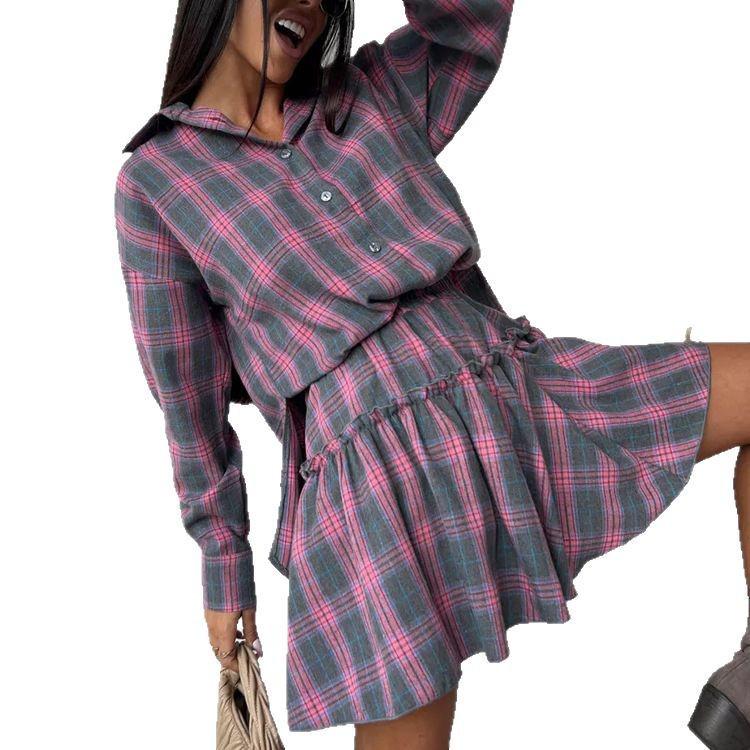 Completo Gonna a Quadri da Donna 2025: Set Camicia con Revers Casual e Gonna Pieghettata con Laccio
