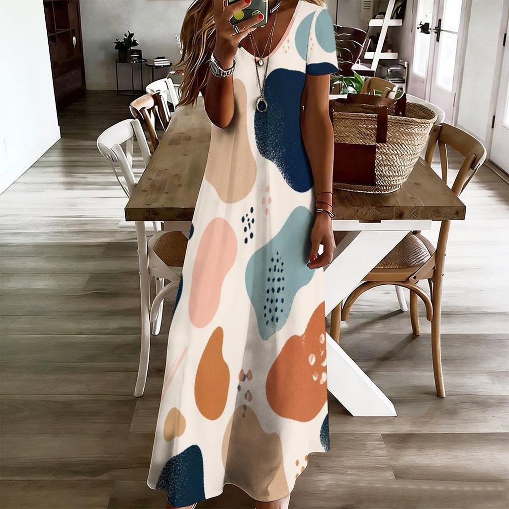 Women Plus Size V Neck Short Sleeve Abstract Printed Straight Maxi Dress
