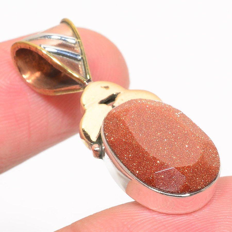 Natural Sunstone Gemstone Two Tone 925 Solid Sterling Silver Pendant 1.50'' V4K20