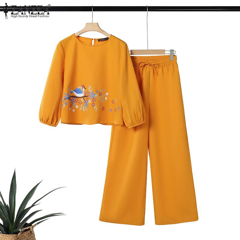 ZANZEA Damen 3/4-Ärmel Print Bluse und Hose Lässige zweiteilige Anzugsets