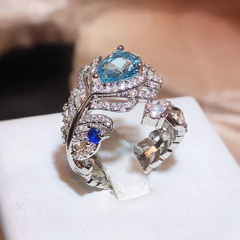 Blue Zircon Feather Ring Women'S Light Luxury Temperament Aquamarine Elegant Opening Adjustable Ring