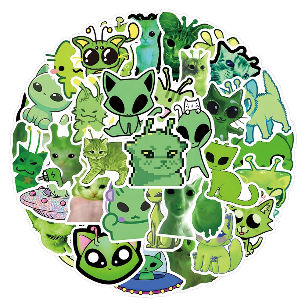 10/30/55pcs Green Alien Cat MEME Graffiti Stickers Abstract Creative Decals DIY Stationery Fridge Suitcase Funny Cartoon Sticker