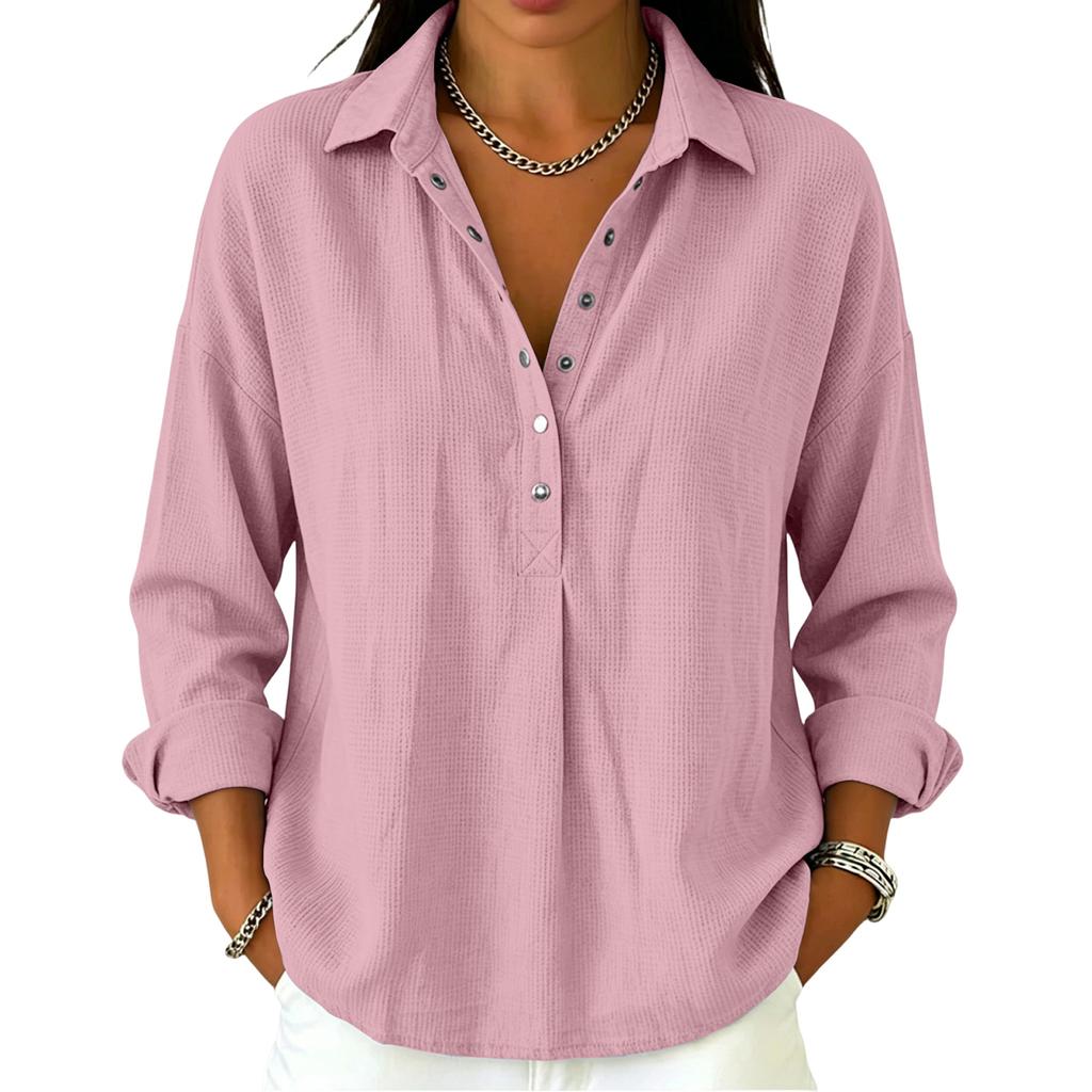 Women's Casual Long Sleeve Polo Shirt Button Front Waffle Texture Pullover Lightweight Relaxed Fit Top for Everyday Wear