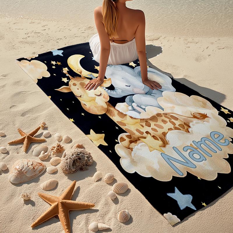 Custom Name Ultra-Soft Beach Towel with Elephant giraffe Theme,Ideal for Pool - Camping, Diving - Perfect Travel Essential, Vibrant Beach Towel.