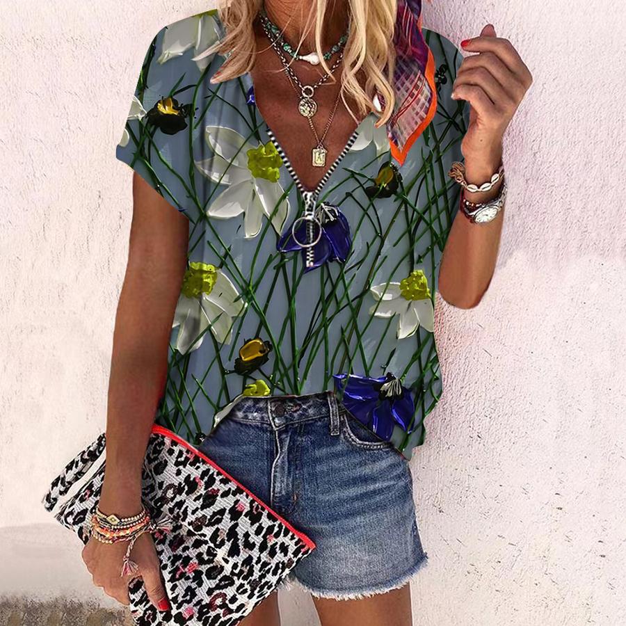 

Женский топ, летняя новая мода, цветы розы, масляная живопись, повседневный топ на молнии с v-образным вырезом и коротким рукавом с принтом 6XL жёлтый