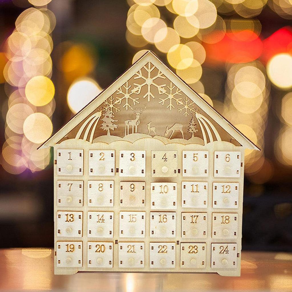 Wood Christmas Advent Calendars House LED Lights 24 Days Countdown Storage Organization Figurines Room Home Christmas Decoration