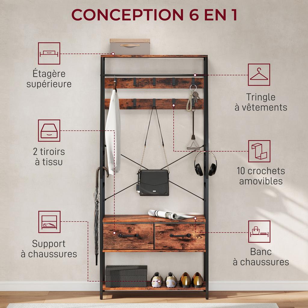 6-in-1 Entryway Unit with Coat Rack, Shelf, 2 Drawers and 10 Hooks, 80x30x180cm, Rustic Brown