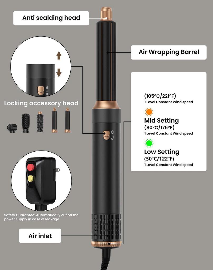 New Multi-Functional 5-in-1 Hair Dryer & Hot Air Brush with Adjustable Temp & Auto Curling