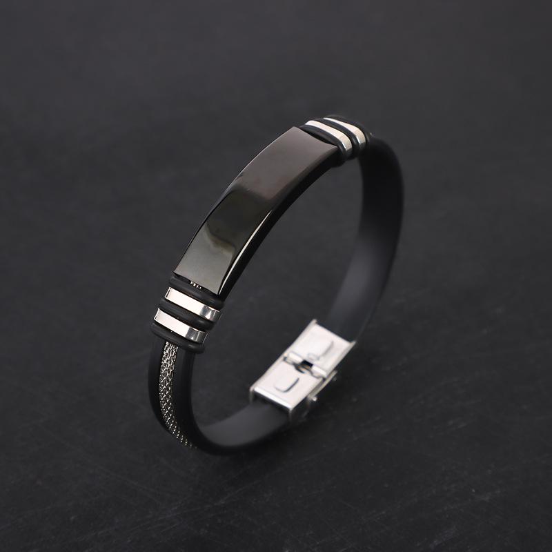 Pánský černý stříbrný zlatý náramek z titanové oceli a silikonu s gravírovanou nerezovou ocelí