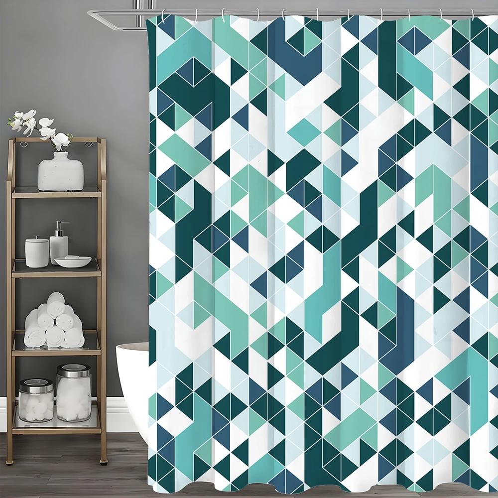 Creative Green Geometric Shower Curtain, Bathroom Decorative Shower Curtain, Waterproof Shower Curtain with Hooks