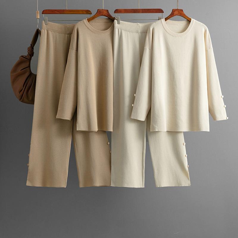 Solid color plus size knitted sweater set women's autumn and winter new loose fashion casual two-piece set