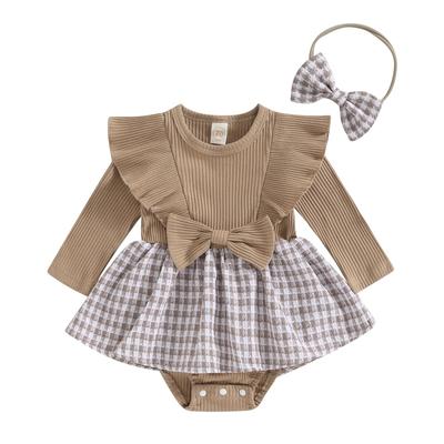 Tenues 2 pièces pour bébés filles, 3M 6M 12M 18M, imprimé pied-de-poule, robe barboteuse à manches longues et bandeau mignon pour tout-petits, automne