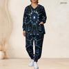 Women Plus Size Black Blue Printed Nurse Scrub Set V Neck Long Sleeve Pocket Top Long Pants
