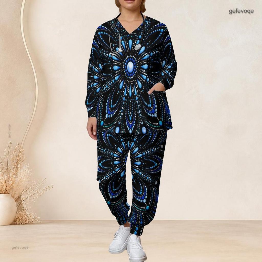 Women Plus Size Black Blue Printed Nurse Scrub Set V Neck Long Sleeve Pocket Top Long Pants