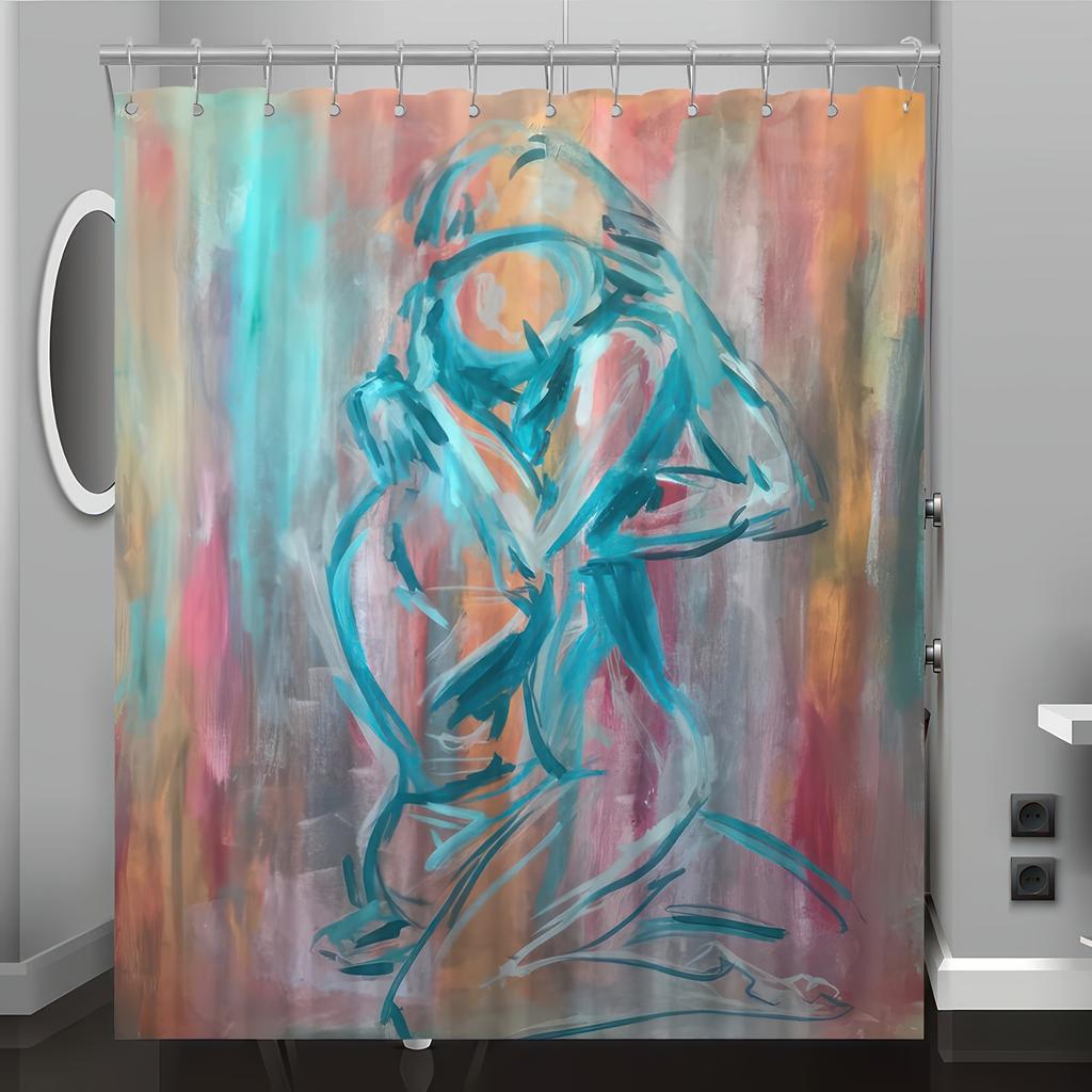 1pc Artistic Abstract Figure Shower Curtain, Digital Print, Machine Washable,Suitable for All Seasons, Bathroom Decor