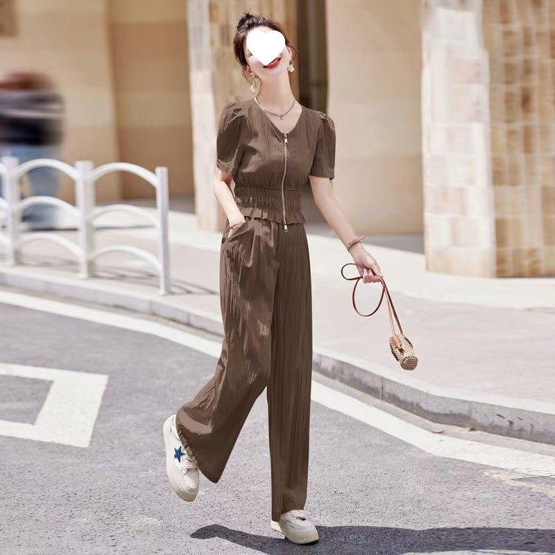 Xiaoxiangfeng Fashion Suit for Women, Summer Temperament, Street Casual, Age-reducing, Western-style Wide-leg Pants Two-piece Set