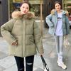 Women's Autumn Winter Hooded Solid Color Fur Collar Pocket Parka Zipper Loose Short Cotton Coat