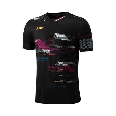Li Ning Badmintona Sērijas V-veida kakla izgriezums ar apdruku, ērts, elpojošs, daudzpusīgs krekls ar īsām piedurknēm badmintonam, unisex topi, melns AAYV031-1
