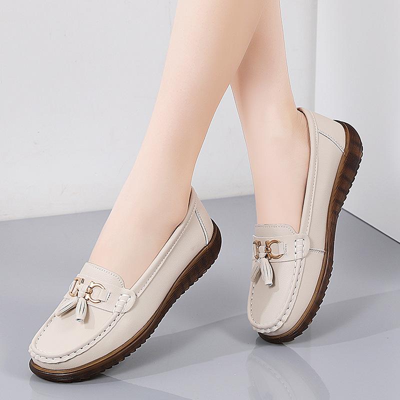 Spring and Summer Women's Single Shoes Cowhide Shallow Mouth Fringed Casual Mother Shoes Overfitting Wedge Heel Leather Shoes