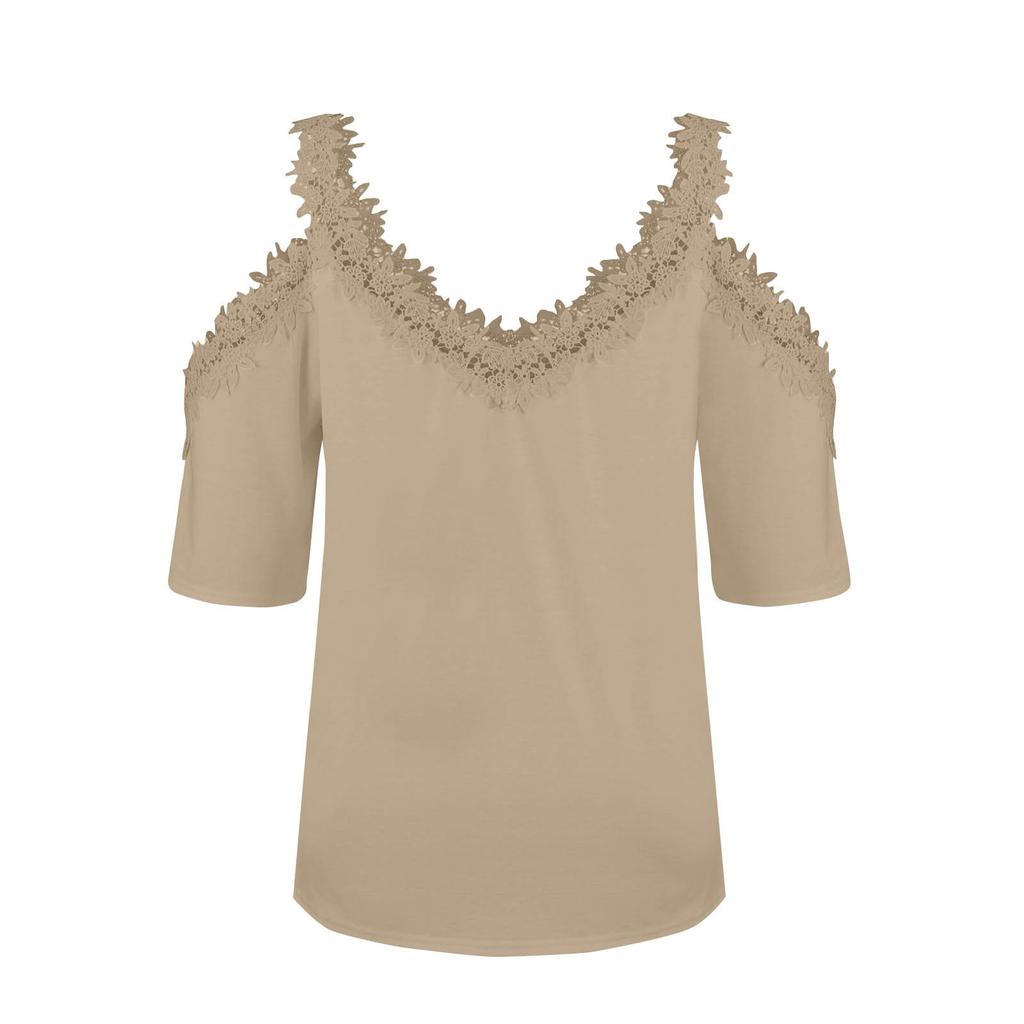Women's Fashion V-Neck Splicing Lace Suspenders Hollow Loose Short-Sleeved Tops
