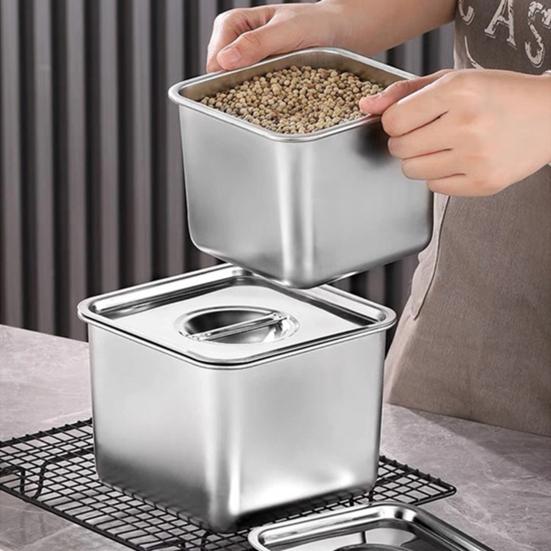 Stainless Steel Square Seasoning Box with Handles Heavy-Duty Storage Container for Lard Sauces Condiments Rust-Proof Spice Box for Home Commercial