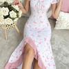 Women's Nightgown with Tie-on Straps, Ruffled Hem, Slit Opening, Fitted Design, Slimming Effect, with Heart-shaped Butterfly Print for Home Wear.