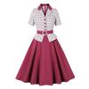 GMXIA Vintage Suit Collar Ruffled Belt Waist Waist Palace Plaid Patchwork Elegant Dress