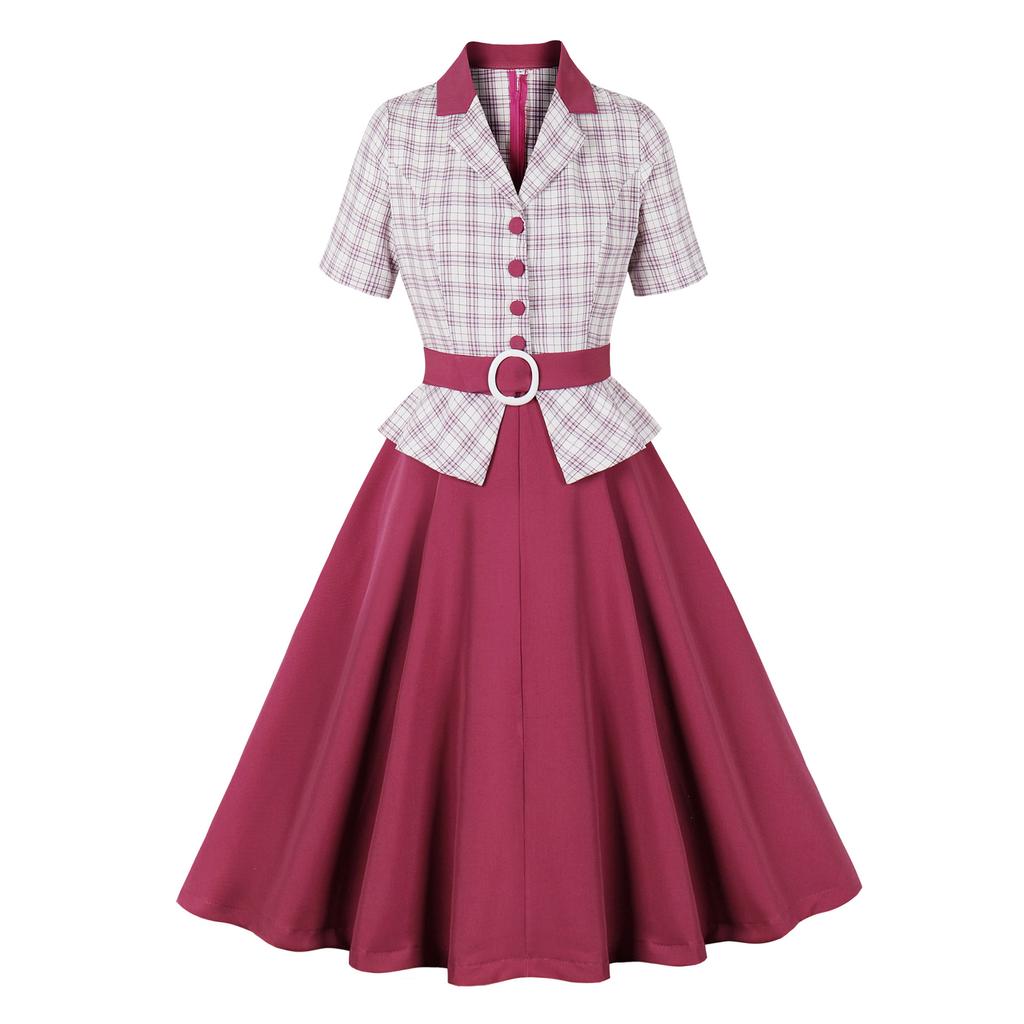 GMXIA Vintage Suit Collar Ruffled Belt Waist Waist Palace Plaid Patchwork Elegant Dress