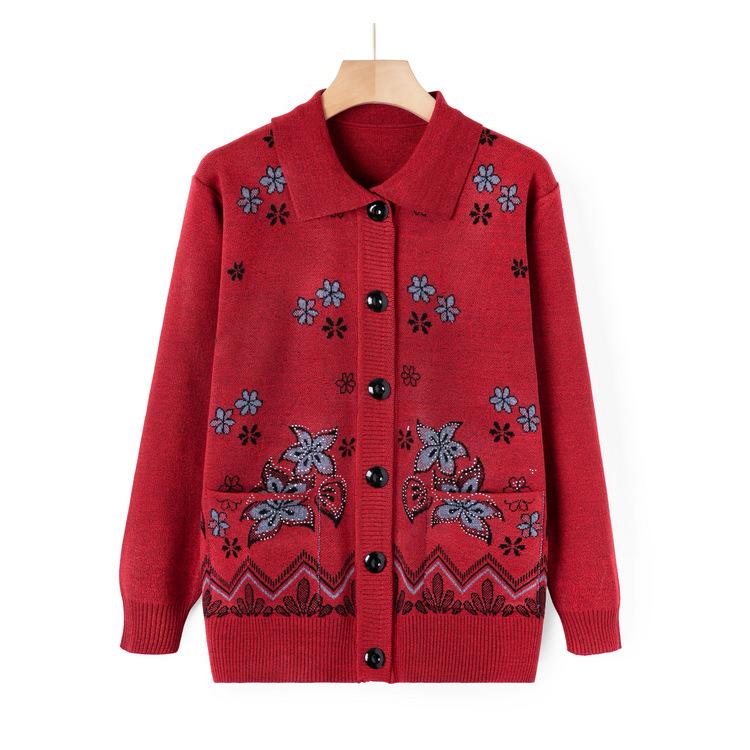 Old Lady Autumn Clothes Lapel Sweater Female Elderly Mother Sweater Jacket Autumn Clothes Mother-in-law Knitted Cardigan