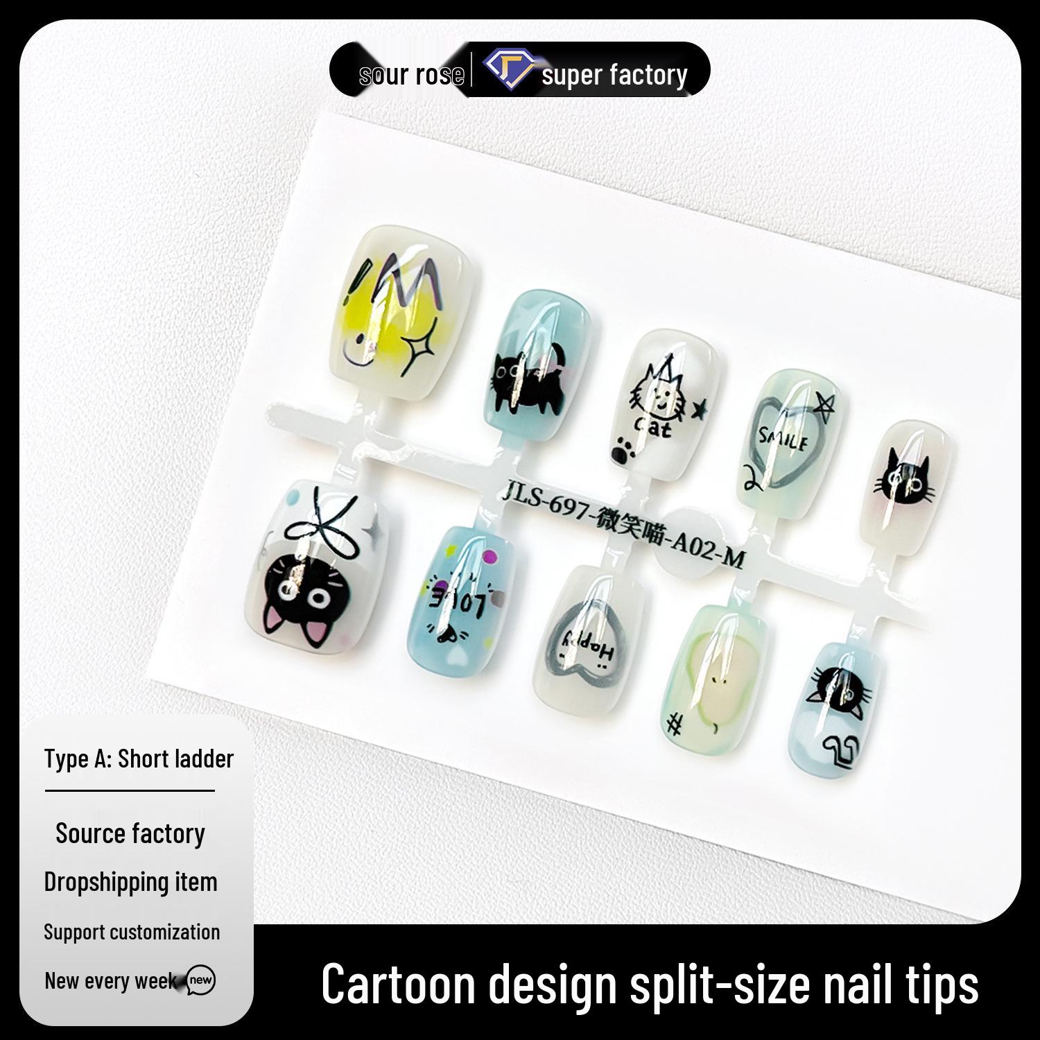 

Smiling Meow Wearable Nails - Hand-Painted Cartoon Graffiti Gel Manicure XS (No Glue)
