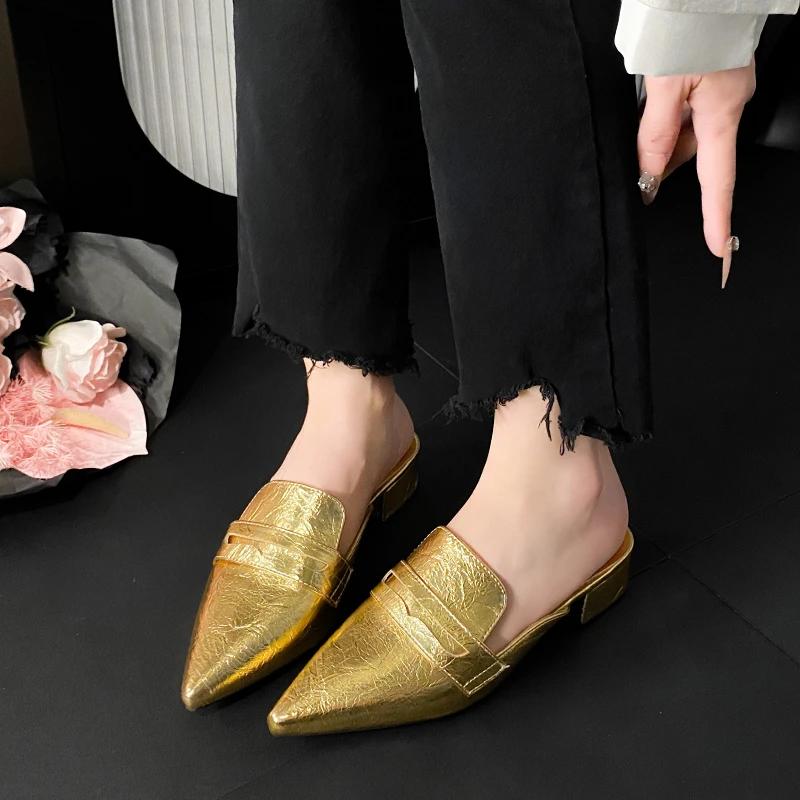 Fashion Baotou Semi-drag Women's Pointed Toe Shallow Mouth Patent Leather Rear Empty New Temperament Versatile Lazy Cool Drag