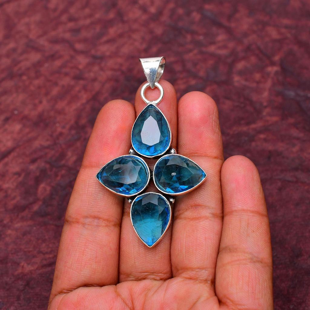 Awesome Blue Topaz Gemstone Pendant: 925 Sterling Silver Handmade Pendant Necklace Jewelry