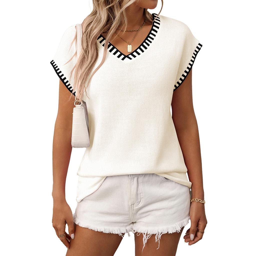 Women's Fashionable Solid Color V Neck Short Sleeved Pullover Knitted Sweater Top