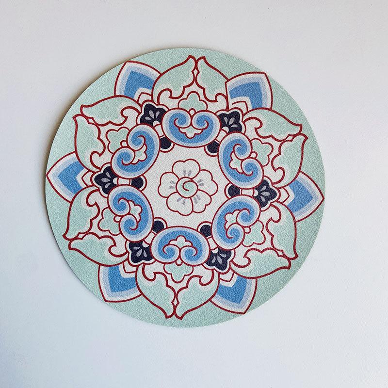 1PCS Round Ethnic Leather Coasters Boho Printed Heat Insulation Antiskid Cup Mats Reusable Drink Pad Tableware Set Kitchen Decor