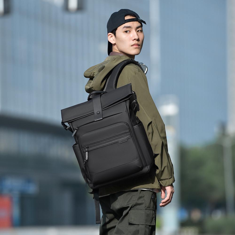 Modern Oxford Fabric Backpack for Men & Women – Minimalist Roll-Top Design with Water-Resistant Material and Multiple Pockets