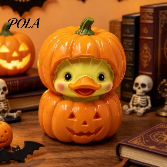 Decorative Cartoon Resin Figures Halloween Pumpkin Duck Ornament, Stacked Yellow Art for Home Entrance Figurines, Cute Mini Desktop Decor Party