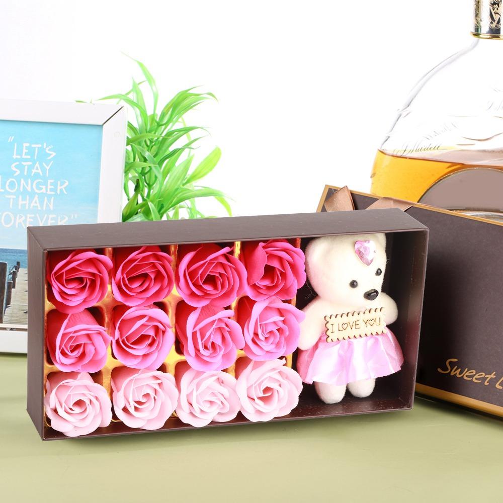 Pink Color Rose Flower Plush Bear 12 Bouquet Romantic Bear Soap Flower Bear  Romantic Occasion